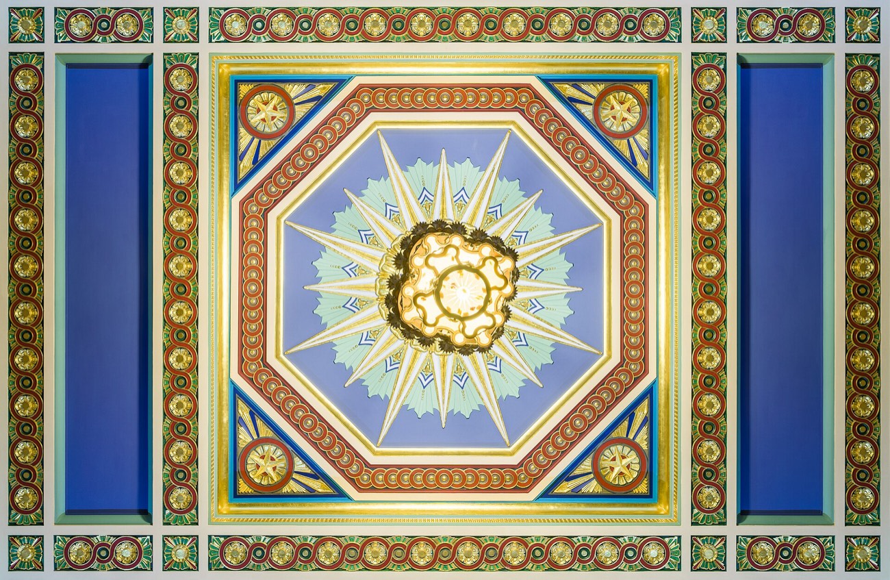 The ornate painted ceiling of Freemasons' Hall, London